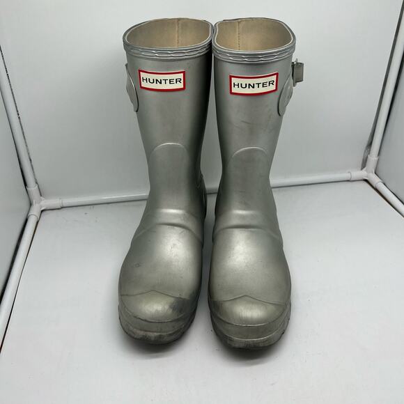 Hunter Boots Womens 6 Rain Metallic Silver Rubber boot Mid Calf - Picture 3 of 9